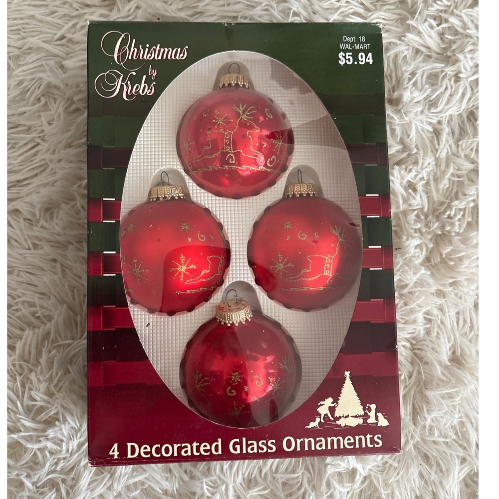 Vintage Christmas by Krebs 4 Decorated‎ Glass Ornaments Reindeer  Scene